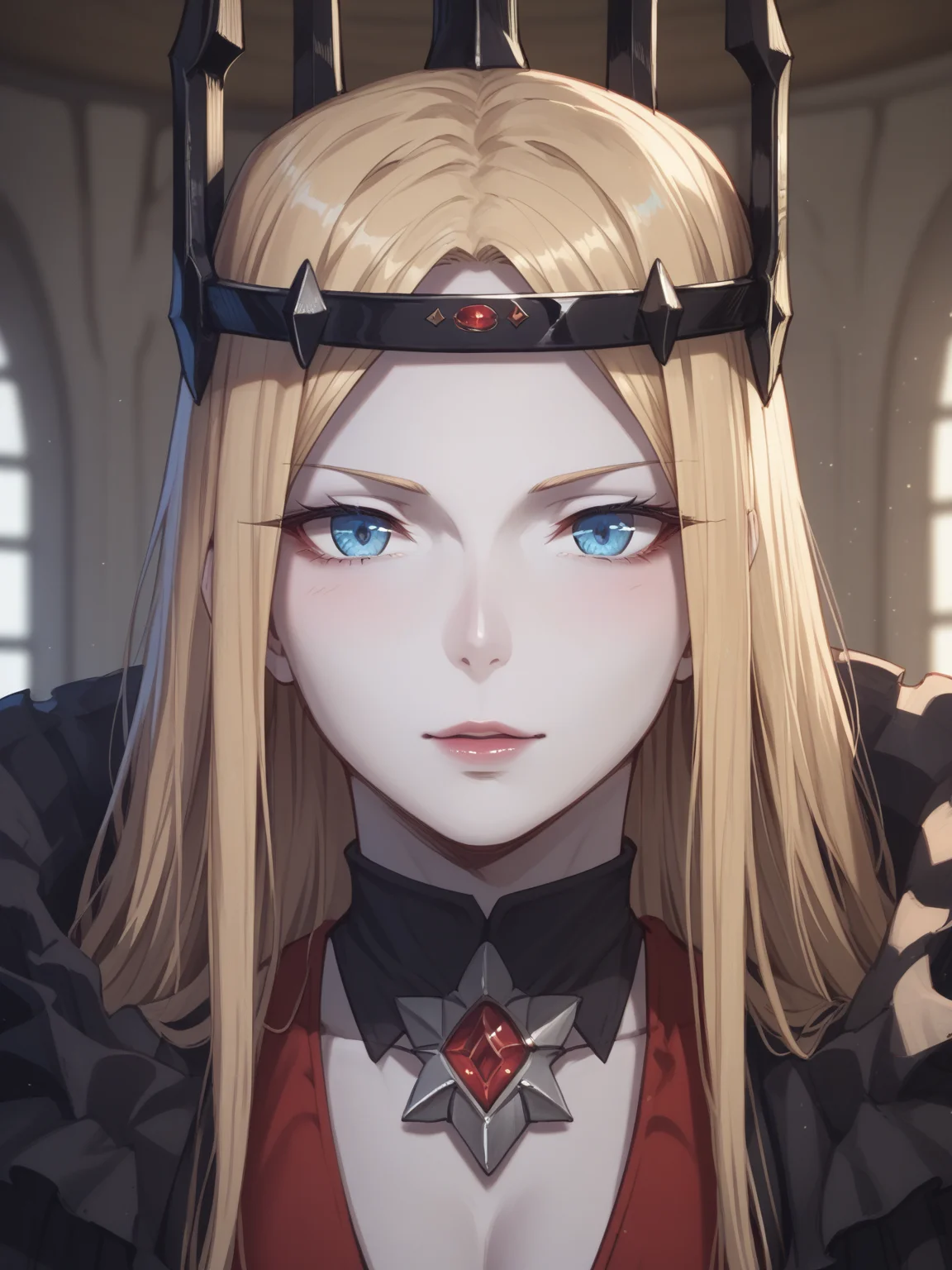score_9, score_8_up, score_7_up, score_6_up, score_5_up, score_4_up, detailed eyes, beautiful eyes, detailed face, <lora:PONYXL_FD-MegaBreastPack:0.7> <lora:Dracula_Dark_star_emperor:0.7> DraculaDSE, Blonde hair, very long hair, straight hair, blue eyes, pale skin, black crown, elaborate cloak, frilly collar, pendant, full body shot,