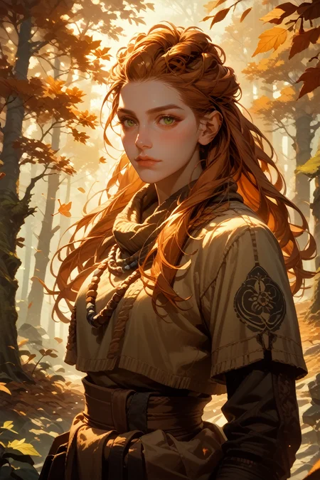 score_9, score_8_up, score_7_up,
<lora:HFWAloy:0.8>
HFWAloy, 1girl, orange hair, long hair, green eyes, looking at viewer, autumn forest with falling leaves in the background, warm earthy tones, cozy and nostalgic feel