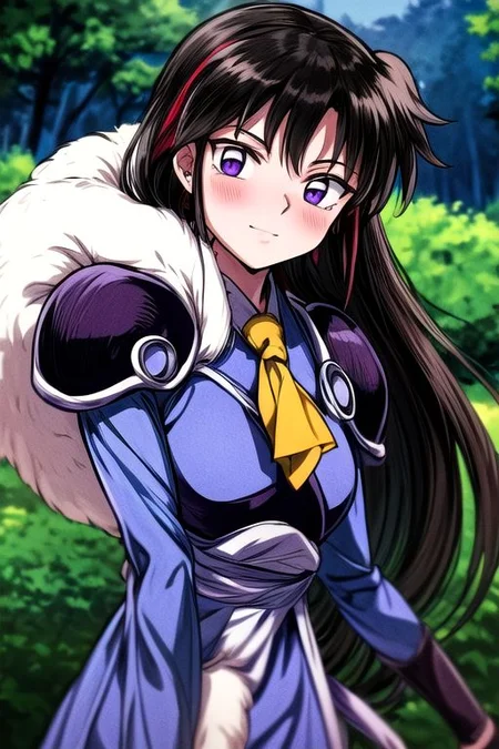 masterpiece, best quality 1girl Setsun4 solo long hair, (night time) forest background black hair very long hair purple eyes multicolored hair armor (fur trim) (medium body),<lora:EMS-179-EMS:0.800000>,<lora:EMS-293862-EMS:0.800000> bow, hair_bow, hair_tubes, red_bow, brown_hair, long_hair, bangs, ascot, frilled_bow, yellow_ascot, blush, smile, hair_between_eyes, athletic, armor, miko