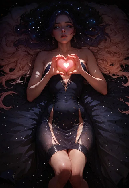 score_9, score_8_up, score_8,  1girl, holding glowing heart, black galaxy dress, stylish, fashionable, magazine cover style illustration, helvetica bold  <lora:pony/twilight_style:0.8> concept art, realistic <lora:pony/expressiveh:0.8> expressiveh <lora:sdxl/princess_xl_v2:0.8> <lora:sdxl/sinfully_stylish_sdxl>