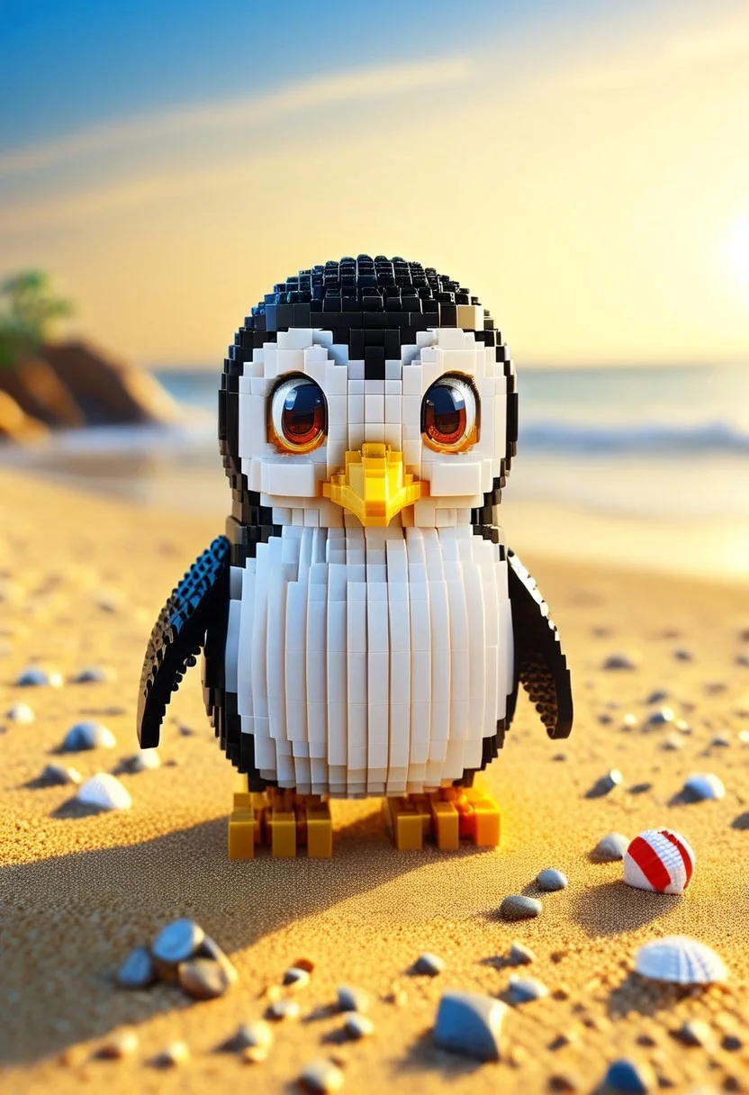 a cute chibi penguin made out of lego, at lego beach