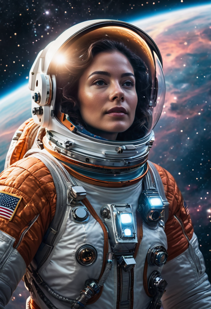 A woman astronaut floats gracefully through space, surrounded by glittering stars and nebulas. She wears a futuristic spacesuit and has a sense of wonder and awe on her face as she gazes at the vastness of the universe.
 hyper realistic, cinematic, vivid lighting, (highres, highly detailed:1.2), aesthetic, masterpiece