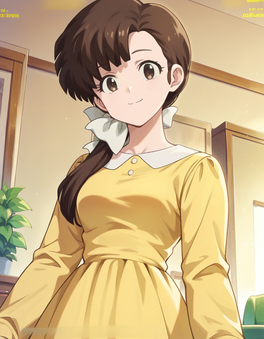 score_9, score_8_up, score_7_up, source_anime, <lora:kasumi-tendou-leak-ponyxl-lora-nochekaiser:1>, kasumi tendou, long hair, hair bow, bangs, hair over shoulders, brown hair, brown eyes, white bow,, long sleeves, dress, yellow dress,, indoors, smile, looking at viewer, solo,, cowboy shot, dutch angle
