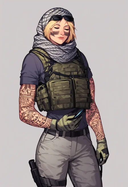 score_9, score_8_up, score_7_up,derpibooru_p_95, source_anime, very aesthetic, anime screencap, anime coloring,
valkyrie, valkyrie \(rainbow six\), 1girl, solo, short hair, blonde hair, shirt, gloves, holding, closed eyes, short sleeves, cowboy shot, belt, pants, signature, scarf, dated, tattoo, sunglasses, eyewear on head, facepaint, grey pants, facial tattoo