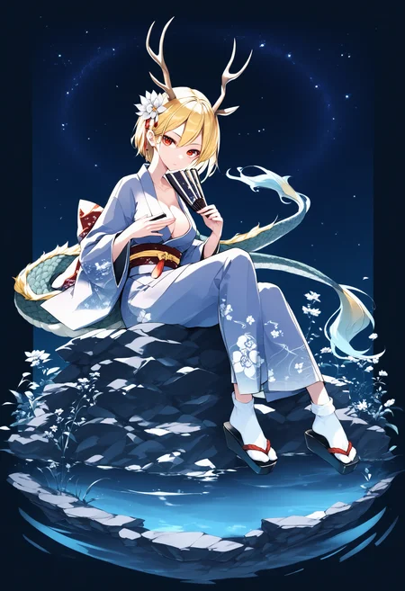 kicchou yachie, touhou, dragon girl, 1girl, blonde hair, eastern dragon horns, eastern dragon tail, red eyes, dragon horns, short hair, dragon tail, japanese clothes, white socks, solo, socks, sitting, looking at viewer, kimono, hair ornament, antlers, cleavage, holding fan, hand fan, hair flower, tabi, wide sleeves, white flower, full body, no shoes, long sleeves , night sky, starry sky, dark theme, dappled moonlight, atmospheric,
score_9, score_8_up, score_7_up, score_6_up, absurdres, best quality, masterpiece, very aesthetic
<lora:dragon_girl_pony_v2:1>