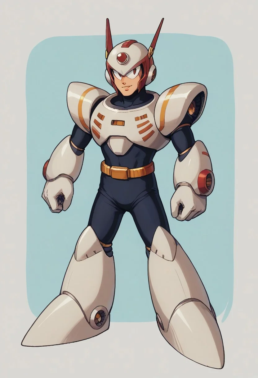 score_9, score_8_up, score_7_up, score_6_up, score_5_up, score_4_up, score_9 , score_8_up, score_7_up, source_anime, 1boy, solo, (sharp eyes), (robot master), The character in the image is a vibrant and dynamic Reploid from the Mega Man X series. This Reploid has a humanoid design with a sleek, armored body. The head is distinctively topped with a large, yellow helmet that has a cannon-like attachment on the top, adding to its combat-ready appearance. The eyes glow with an intense blue light, giving the character a sharp, focused expression. The torso is solid and compact, featuring a mix of yellow and white armor with red accents that highlight the joints and connection points. The arms are robust and mechanical, with white gloves covering the hands, which are shaped into fists, ready for action, The character's legs are heavily armored, with large, yellow shin guards that add to its sturdy and resilient look. The feet are wide and equipped with strong, metallic soles, ensuring stability and strength in movement, vibrant color palette, futuristic character concept, KEIJI INAFUNE STYLE, <lora:KEIJI INAFUNE>, 1990s style, retro artstyle, anime coloring, traditional media, cel shading, hyperdetailed, 4k, 8k, masterpiece,