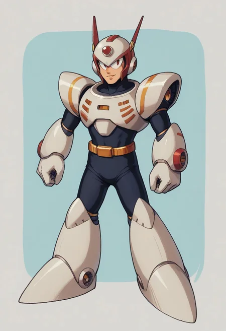 score_9, score_8_up, score_7_up, score_6_up, score_5_up, score_4_up, score_9 , score_8_up, score_7_up, source_anime, 1boy, solo, (sharp eyes), (robot master), The character in the image is a vibrant and dynamic Reploid from the Mega Man X series. This Reploid has a humanoid design with a sleek, armored body. The head is distinctively topped with a large, yellow helmet that has a cannon-like attachment on the top, adding to its combat-ready appearance. The eyes glow with an intense blue light, giving the character a sharp, focused expression. The torso is solid and compact, featuring a mix of yellow and white armor with red accents that highlight the joints and connection points. The arms are robust and mechanical, with white gloves covering the hands, which are shaped into fists, ready for action, The character's legs are heavily armored, with large, yellow shin guards that add to its sturdy and resilient look. The feet are wide and equipped with strong, metallic soles, ensuring stability and strength in movement, vibrant color palette, futuristic character concept, KEIJI INAFUNE STYLE, <lora:KEIJI INAFUNE>, 1990s style, retro artstyle, anime coloring, traditional media, cel shading, hyperdetailed, 4k, 8k, masterpiece,