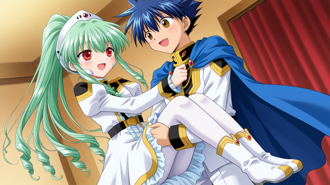 (takuto meyers, belt, blue cape, cape, brown eyes, blue hair, spiked hair, gold trim, long sleeves, pants, uniform, smile, open mouth, happy), 1boy, 1girl, blush, looking at another,, masterpiece, best quality, amazing quality, very aesthetic, absurdres, newest, anime screencap, <lora:checkpoint-e24_s720:1>, vanilla h, kanan, red eyes, green hair, ponytail, drill hair, long hair, sidelocks, hair between eyes, headgear, uniform, white dress, frilled dress, frills, long sleeves, juliet sleeves, pantyhose, white pantyhose, white boots,