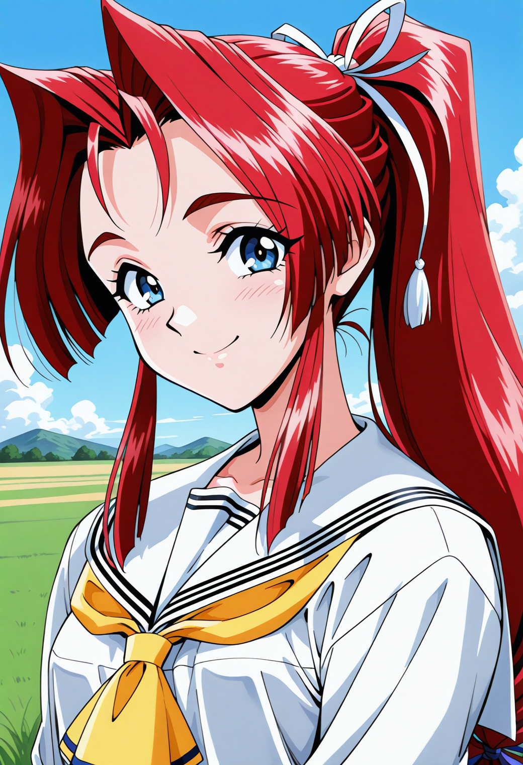yokoyama_megumi, blue eyes, red hair, long hair, ponytail,, hair ribbon, school uniform, serafuku, white sailor collar, yellow neckerchief, white shirt, long sleeves, <lora:Graduation_yokoyama_megumi_illustrious_ver1:0.8> 
smile, closed mouth,, masterpiece, best quality, sensitive,, 1girl, solo, blue sky, (grasslands:1.2), looking at viewer,, (upper body:1.2), (close-up:1.2), (facing viewer:1.2), (open eyes:1.4), (portrait:1.2)