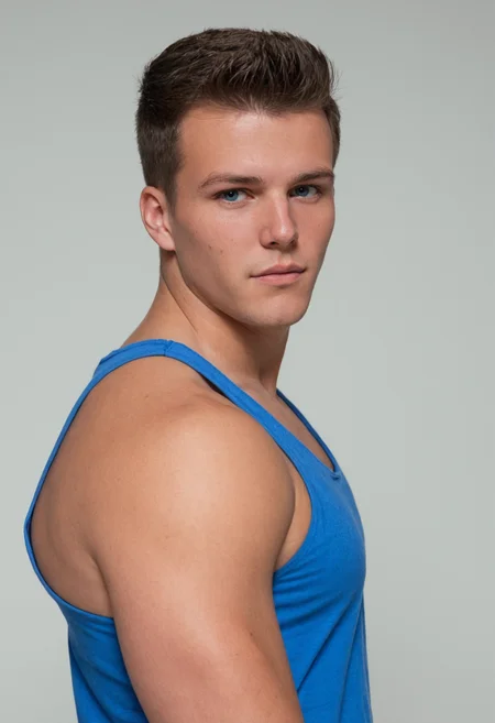 mdjperson <lora:mdj_sdxl_v1-000008:1> relaxed confident expression, wearing blue tank top, posing against white background, studio shot, studio lighting, portrait photography