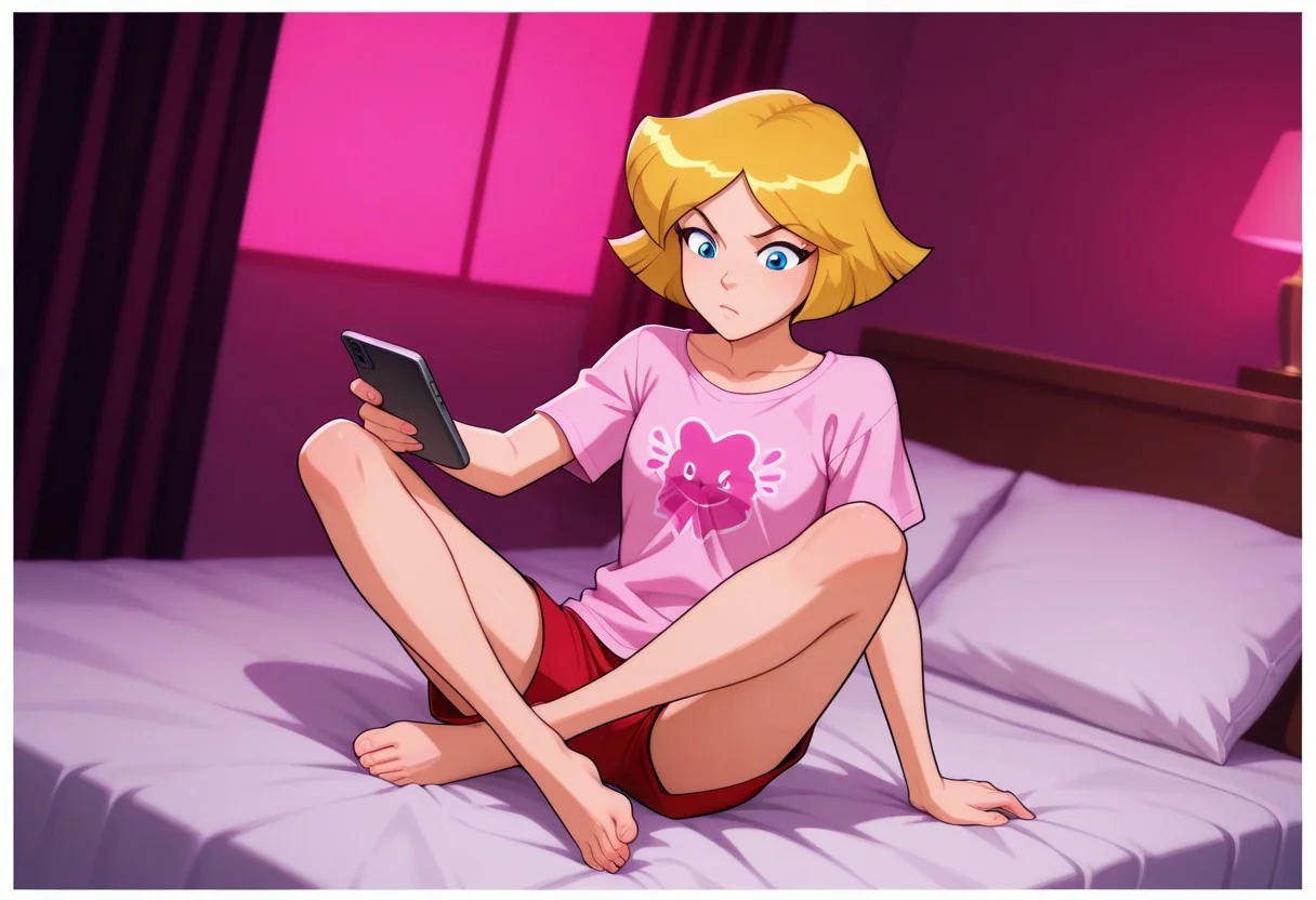 Score 9, Score 8, Score 7, Masterpiece, High Quality, Good Quality, Latest Model, High Resolution, Absurd, ((White Border)), Cinematic Lighting, High Contrast (Rim Light: 0.6), Dynamic Vision, <lora:illustriousXL_stabilizer_v1.23:0.3> <lora:NOOB_vp1_detailer_by_volnovik_v1:0.3> <lora:ponyv6_noobE11_2_adamW-000017:0.45> <lora:checkpoint-e18_s306:1.5> <lora:haiz_ai_illu:0.7>, Vibrant Colors, Bright Color, Dynamic Pose, Dynamic Angle, Dynamic Composition, Dynamic Colors, Colorful Image, High Contrast, Saturated Colors, Thick Line, Bright Colors, Good Lighting, Color Saturation, masterpiece, best quality, source_hentai, medium shot, 
 1girl, solo,cl0ver_totally_spies, short hair, blonde hair, blue eyes,
Texting, sitting on bed, girl's room, pink lighting, red shorts, pink baggy shirt, barefoot, gossip,