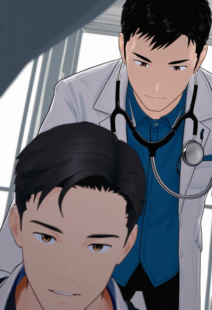 harmard, black hair, short hair, brown eyes, 1boy, solo, solo focus, wearing doctor uniform, black pants, stethoscope hanging on neck