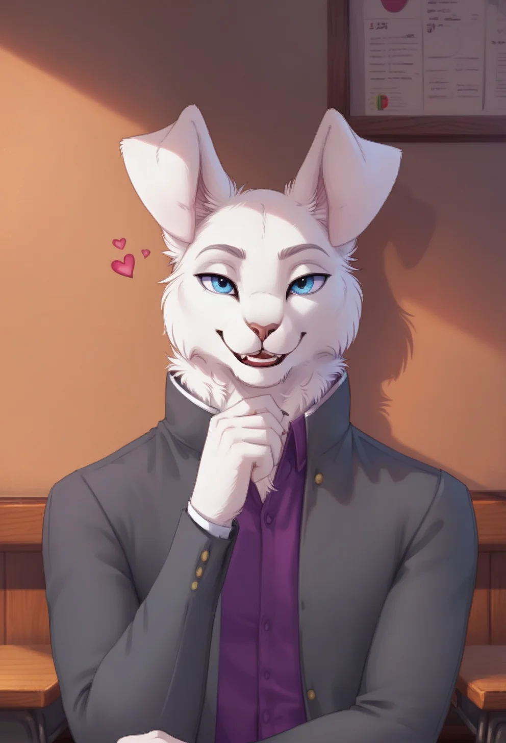 score_9, score_8_up, score_7_up, score_6_up, 1anthro, 1human, male, , furry, detailed fur, anthro, eyes, , perfect face, detailed eyes, perfect eyes, sexy, sexy boy, beautiful eyes, perfect cute face, petite body, face focus, low angle, close up, looking at viewer, face focus, outdoors, detailed lighting, detailed background,
smug expression, floating hearts, eye focus, smug, pleased, mischievous, smirk, seductive pose, indoors, classroom, school, leaning against wall, , flirty, flirting with viewer, posing, seductive pose, posing for viewer, seductive, upper body, portrait, smiling, loving
bedroom eyes, detailed eyes, perfect eyes, beautiful eyes, , detailed fur, tail, eyes, realistic fur, , solo, 1 boy, young, (((handsome, detailed face and eyes))), rabbit, solo, detailed fluffy fur , realistic blue eyes, neck fluff, blue eyes, extremely detailed eyes, anthro rabbit, athletic, , buck teeth, rabbit teeth, sexy, tail, eyes focus, anthro hands, detailed anthro hands, detailed fluffy fur, white fur, grey jacket, purple shirt under jacket, school uniform, , clothing, bedroom, floppy ears, pure white fur, Keisuke, Keisuke_Urushihara, tail, uncensored, long ears, <lora:Keisuke_Urushihara_-_Tennis_Ace:0.65><lora:CleanDetailed_Eyes:0.25>
<lora:princess_xl_v1:1> <lora:Expressive_H:0.65> <lora:g0th1cPXL:0.45> <lora:incase-ilff-v3-4:0.3>