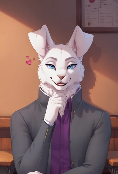 score_9, score_8_up, score_7_up, score_6_up, 1anthro, 1human, male, , furry, detailed fur, anthro, eyes, , perfect face, detailed eyes, perfect eyes, sexy, sexy boy, beautiful eyes, perfect cute face, petite body, face focus, low angle, close up, looking at viewer, face focus, outdoors, detailed lighting, detailed background,
smug expression, floating hearts, eye focus, smug, pleased, mischievous, smirk, seductive pose, indoors, classroom, school, leaning against wall, , flirty, flirting with viewer, posing, seductive pose, posing for viewer, seductive, upper body, portrait, smiling, loving
bedroom eyes, detailed eyes, perfect eyes, beautiful eyes, , detailed fur, tail, eyes, realistic fur, , solo, 1 boy, young, (((handsome, detailed face and eyes))), rabbit, solo, detailed fluffy fur , realistic blue eyes, neck fluff, blue eyes, extremely detailed eyes, anthro rabbit, athletic, , buck teeth, rabbit teeth, sexy, tail, eyes focus, anthro hands, detailed anthro hands, detailed fluffy fur, white fur, grey jacket, purple shirt under jacket, school uniform, , clothing, bedroom, floppy ears, pure white fur, Keisuke, Keisuke_Urushihara, tail, uncensored, long ears, <lora:Keisuke_Urushihara_-_Tennis_Ace:0.65><lora:CleanDetailed_Eyes:0.25>
<lora:princess_xl_v1:1> <lora:Expressive_H:0.65> <lora:g0th1cPXL:0.45> <lora:incase-ilff-v3-4:0.3>