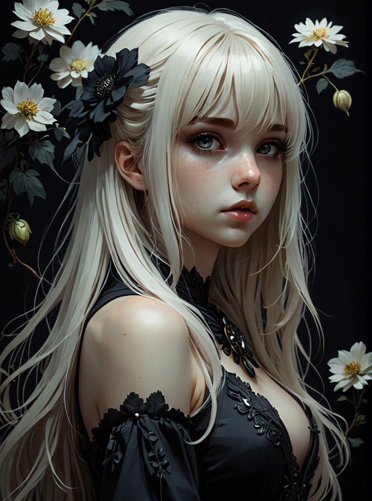 2D drawing, overhead shot, full body girl with long white hair and bangs, profile, (Anna Dittmann, Ilya Kuvshinov, Jeremy Mann) a large obsidian medallion, low head, hyper detailed eyes, black flowers, dark shadows, very high contrast , overhead light, dark background, gloomy atmosphere, manga style