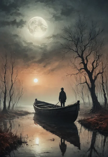 linquivera,  Ink illustration, (anime:0.5), brown tones, aged black red paper, inkpunk, moonlight,surreal, a ghost standing on a boat in swampy wetlands, (at a distance), Will-o'-the-wisp, moonlit, lonely, solitude, windy, tall trees, willows, willowy,  OverallDetail, extremely detailed, UHD,(long exposure , dystopian but extremely beautiful:1.4),<lora:- SDXL - letitflrsh_let_it_flourish_V1.0:0.8> ,<lora:Cute_Collectible:1>, <lora:XL_boss_battle:0.6>  <lora:add-detail-xl:1>,  <lora:Concept Art Twilight Style SDXL_LoRA_Pony Diffusion V6 XL:1>,  <lora:MJ52:1>, high detail. highly detailed and hyper realistic photo, by Alena Aenami , by Archibald Thorburn , by Daniele Afferni , in the style of  monochromatic silhouette reflection,  limited dark palette, unusual dark colors, faded colors, atmospheric haze, highly dramatic cinematic lighting, motion blur, film grain,  professional, excellent composition, finest details, maximized details, ultimate detail level, masterpiece, best quality