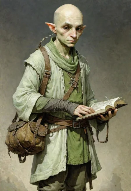 videogame art, A Young Adult bald thin wizard, spellcaster, wearing a light green ragged tunic, oldschool vintage magician, dungeons and dragons inspired, shoulder bag portmanteau, by Jean-Baptiste Monge