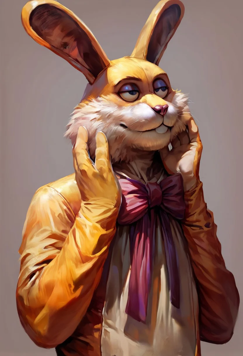 score_9, score_8_up, score_7_up, ((luckytherabbit)), source_furry, head shot, solo, (yellow fur, rabbit costume), (masterpiece, best quality:1.2), (perfect hands, perfect anatomy), (detailed face, detailed body), purple bow, black eyes, beautiful eyes, male, correct eyes, solo, concept art, realistic