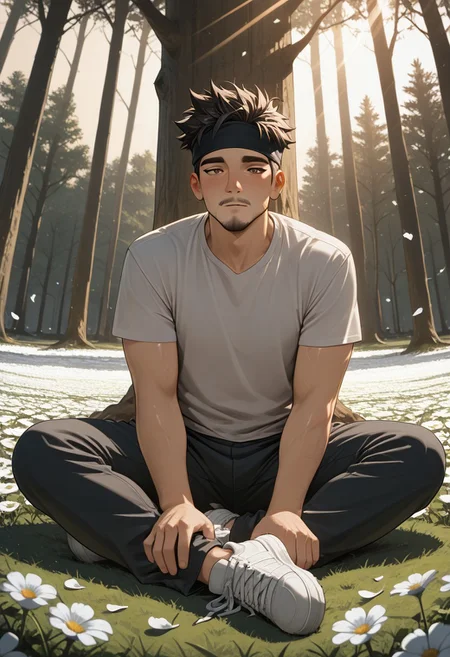 masterpiece, best quality, amazing quality, good quality, very awa, newest, highres, absurdres, warm light, lively and bustling atmosphere, background details visible, shiny skin, outdoor, flower field, tree, sky, sunbeam, solo, male focus,
1boy, black hair, spiked hair, brown eyes, headband, facial hair, amirrama, shirt, pants, white sneakers,
dynamic pose, relaxing, fisheye, windy, (flying petal:1.5),