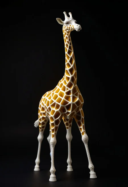 8K analog photo, 3d printed gold giraffe Statue made of Honeycomb Structure, WhiteMold, Walking, dark background, minimalist,