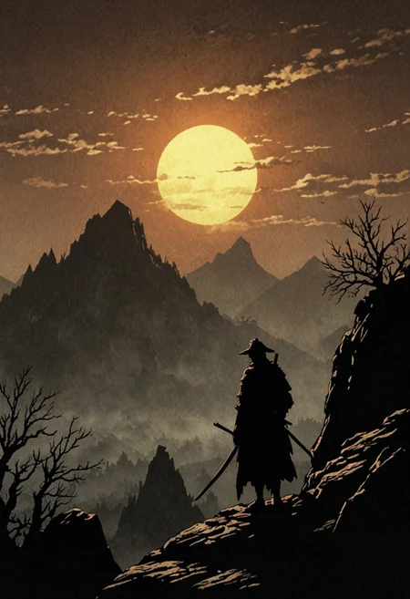 novuschroma85 style,
A lone samurai stands resolutely on a rocky cliff, his silhouette outlined against the setting sun. The wind tugs at his flowing robe and the long blade of his katana glints faintly in the fading light. Below, the vast landscape stretches out with jagged cliffs and distant mountains. The samurai's posture is strong and unwavering, embodying solitude and honor as he gazes out over the horizon, lost in thought.
The artwork is rendered in a cinematic digital painting style, with dynamic brushstrokes that capture the movement of the wind and the rugged texture of the rocky terrain. The use of warm tones and soft gradients adds to the sense of tranquility and introspection.
The lighting is dramatic and golden, with the low sun casting long shadows and illuminating the scene in a soft, warm glow, enhancing the contrast between the samurai and his surroundings