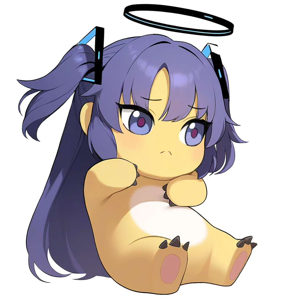 (nailong), no humans,yellow skin,pokemon \(creature\),
yuuka_(blue_archive),purple eyes,halo,two side up,long hair,purple hair,
full body, 
simple background, white background,
best quality, masterpiece,
 <lora:nailong_noob_ep50_v1-000010:1>