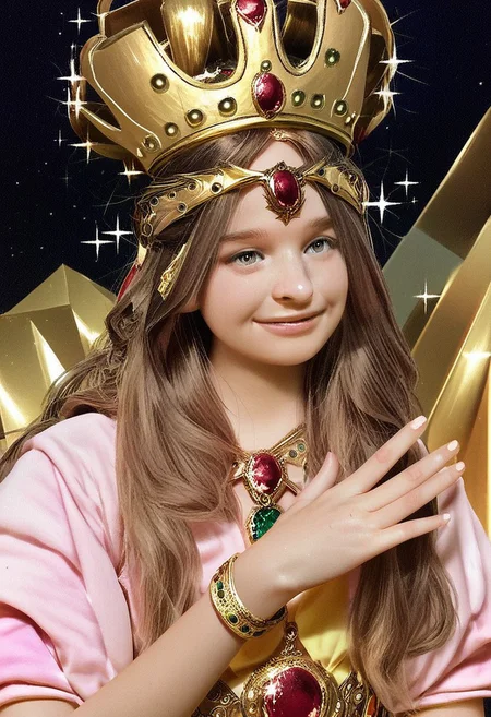 score_9, score_8_up, score_7_up, 1girl, solo, (Pito:1.4), long brown hair, grey eyes, queen, dressed, golden crown, jewels, goddess, 30yo, (perfect hands:1.2),
Inviting, (quirky, flirtatious:1.3), happy,
((Majestic, golden glow, sparkles, heavenly background))