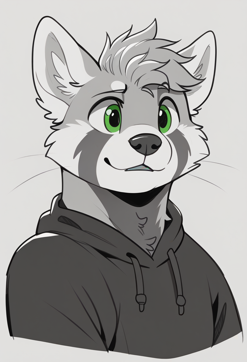 high quality, hires, by braeburned, furry, anthro, 1boy, solo, male, red panda, green eyes, monochrome, <lora:Braeburned_style:1>