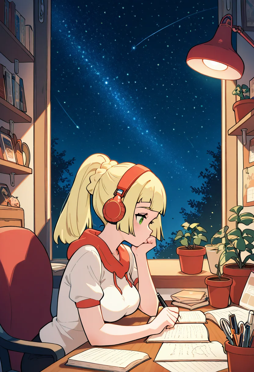 masterpiece, best quality, medium breasts, (curvy), BREAK, zzLillie, long hair, braid, <lora:LilliePokemonIXL:1.0>,zzLofi, sitting, side view, desk, chair, book, bookshelf, head rest, holding, holding pen, lamp, night, open book, pen, plant, potted plant, sky, star (sky), starry sky, window, windowsill, writing, , <lora:LofiGirl_Style_IXL:1.0>,
