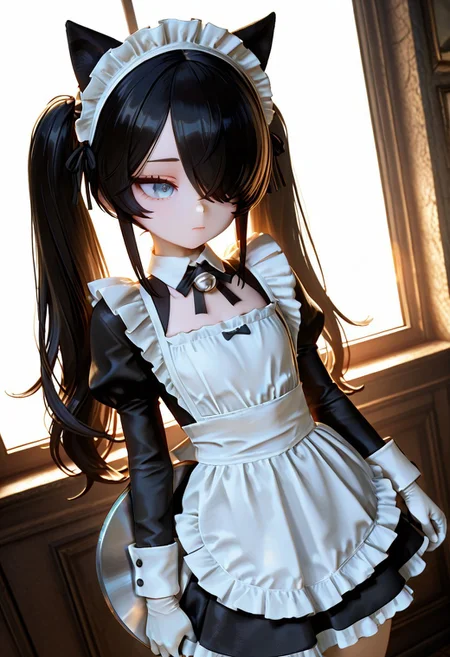 (cinematic angle, dramatic perspective
),3d,(petite:1.7)(big head:1.4),solo,Prompts used in learning: solo, white gloves, dress, hair over one eye, maid apron, blue eyes, twintails, cat ears, maid headdress, maid, gloves, 1girl, apron, juliet sleeves, tray, holding, long sleeves, long hair, black hair, animal ears, bell(Flat chest),,(backlighting),
,fe7us,masterpiece, best quality, absurdres, newest,, very aesthetic, amazing quality,highres,sensitive, highres, ultra detailed, best anatomy, high detail, high contrast, ,hyperrealistic, photorrealistic