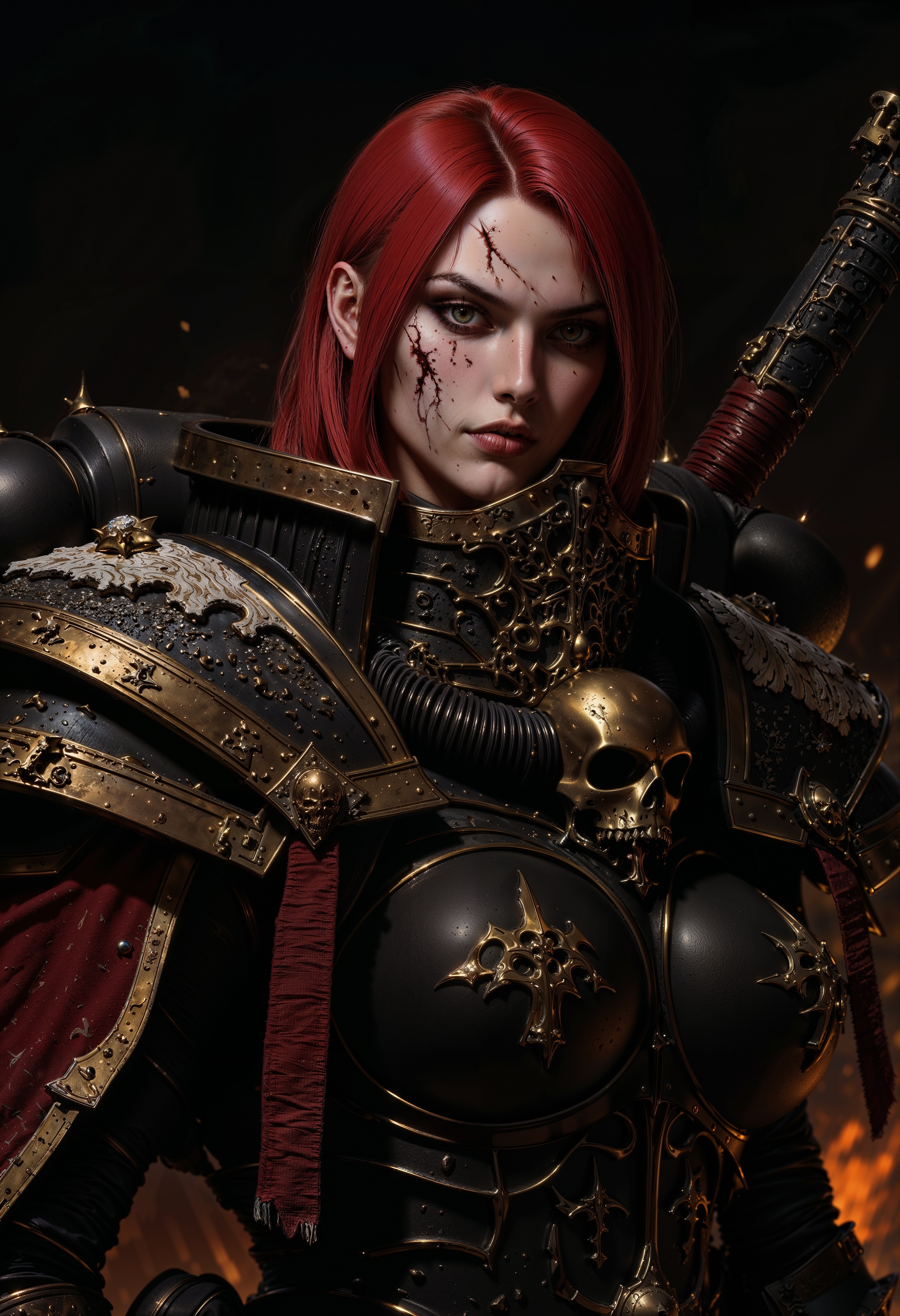 SisB40K, a high-resolution, dramatic portrait of a woman in an armor. The woman is wearing a detailed, dark metallic suit with intricate engravings and a prominent golden skull emblem on the chest. The armor includes large shoulder pads and a red and black weapon slung over the shoulder. The woman has long red hair and pale skin, with striking makeup featuring dark eyeshadow and red lipstick. Her face is marked with scars, adding to the intense and fierce expression. The background is dark with glowing embers, enhancing the dramatic and intense atmosphere of the scene. <lora:FluxSisB40K:1>  <lora:FluxMythP0rtr4itStyle:0.6> <lora:flux.1_lora_flyway_Epic-Characters_v1:0.6> <lora:Elden_Ring_-_Yoshitaka_Amano:0.33>