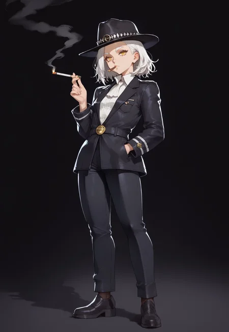 score_9, score_7_up, source_anime, full body, woman, cat ears, small breasts, whiskers, long messy hair, white hair, white eyebrows, white eyelashes, yellow eyes, slit pupils, black fedora, buisiness suit, black trousers, black jacket, holding thompson submachine gun, looking at viewer, smoking sigar, black background, cigarette, smoking, mouth hold, csr style, tmmygn
