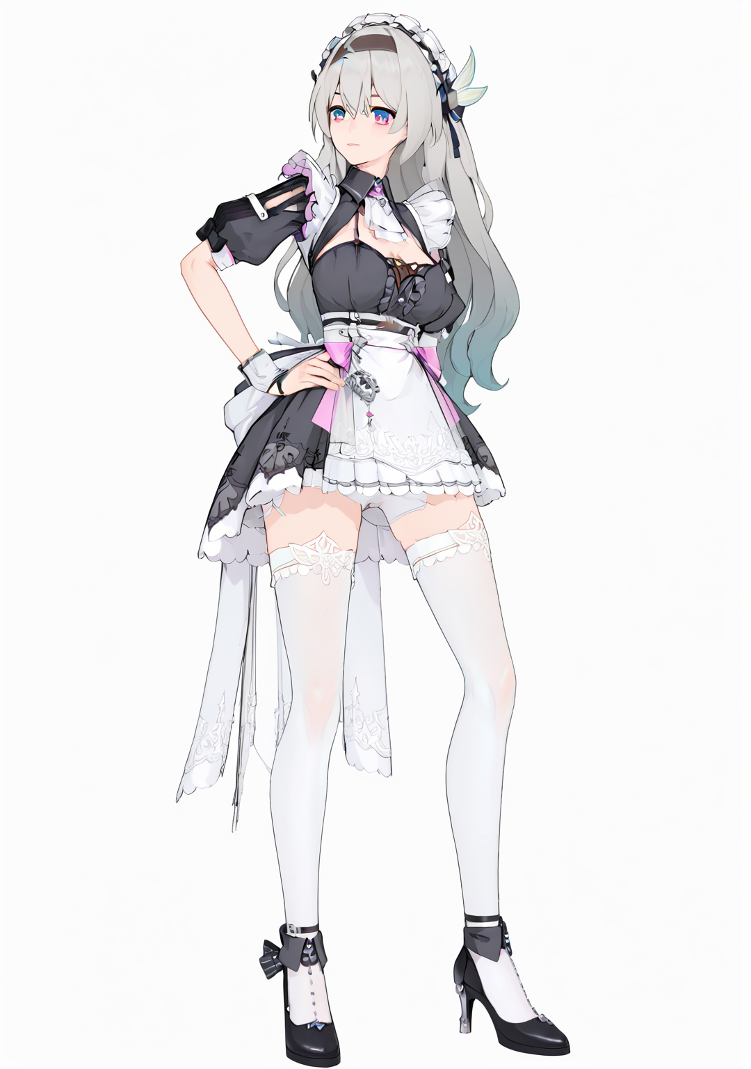 score_9,score_8_up,score_7_up,best quality,masterpiece,prefect lighting,very aesthetic,maid,liuying,1girl,long hair,maid headdress,blue eyes,high heels,grey hair,white thighhighs,breasts,full_body,standing,hand on hip,white background,<lora:liuying-v100-pony:1>,, masterpiece, best quality,