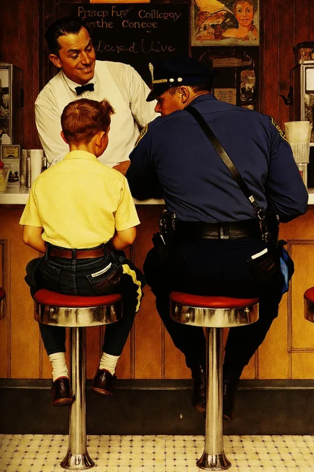 normanrockwell1 painting.
Inside a 1950s-style diner, a police officer and a young boy sit at a counter,
their backs to the viewer.
On the right is the police officer, in a dark blue uniform with a cap, badge, and utility belt, leans forward, engaging with the boy next to him.
Behind the counter stands the waiter, looking at the boy with an amused expression.
<lora:normanrockwell1_cap_d6a3e12:1.0><lora:841445588911415431:0>
