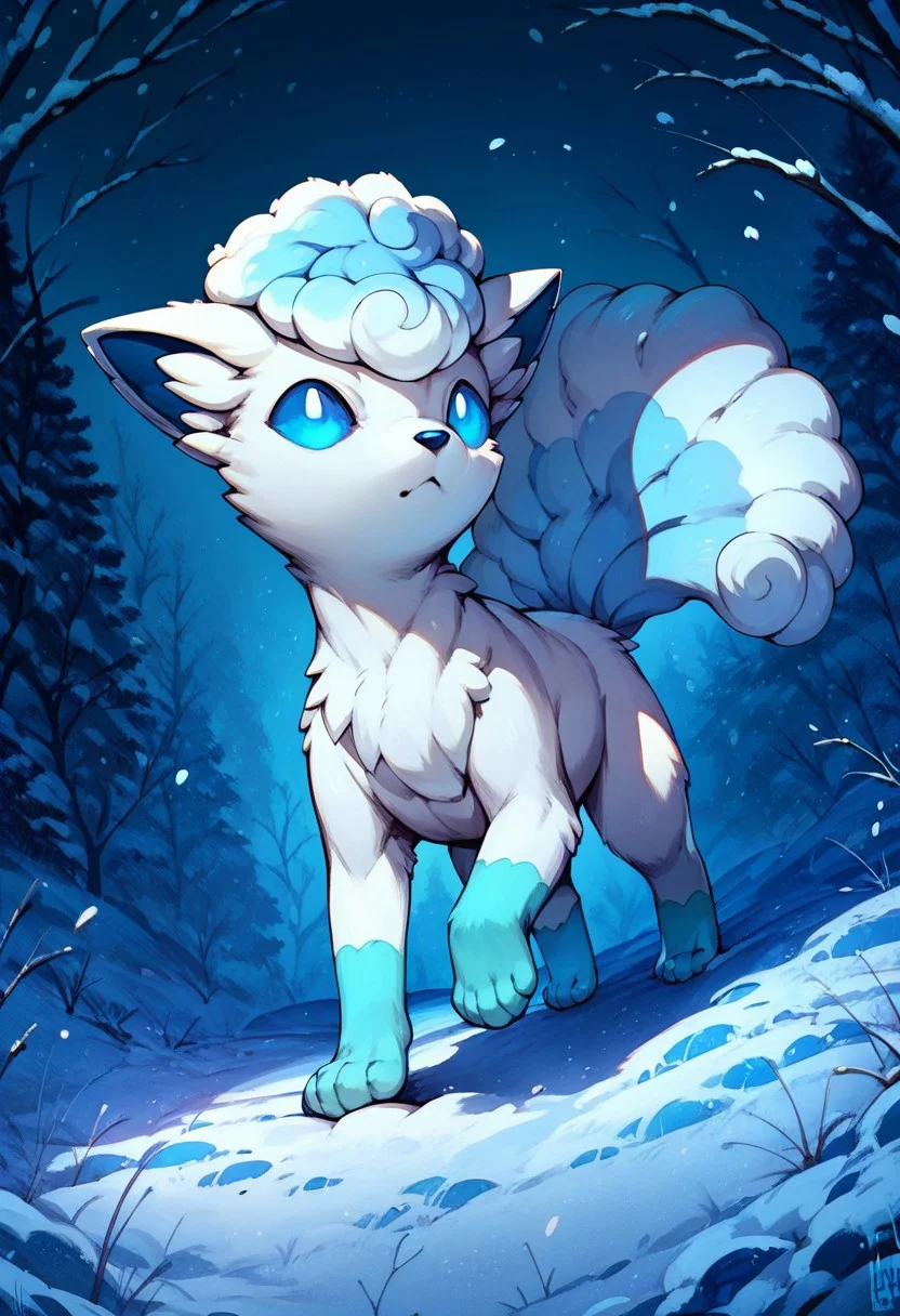 score_9, score_8_up, score_7_up, score_6_up, feral, alolan_vulpix, (score_9, score_8_up:1.1), score_7_up,
detailed snow fur, natural fur,, blue ice eyes, night, dynamic pose,   shadows, Standing, dark light, night,