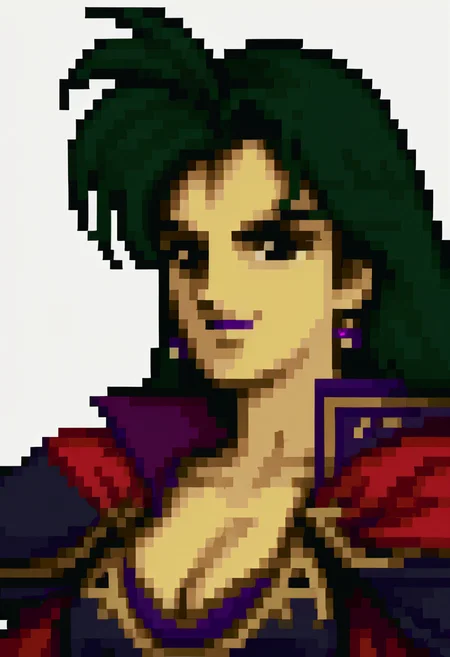 score_9, score_8_up, score_7_up, source_anime, 1girl, evil smile, <lora:zs_FE4PortraitsXL:1.0> fe4portraits, portrait, pixel art, white background, <lora:PetrineFE-pdxl:1> petrineFE, long hair, antenna hair, purple lips, earrings, armor, collarbone, cleavage, pauldrons, red cape
