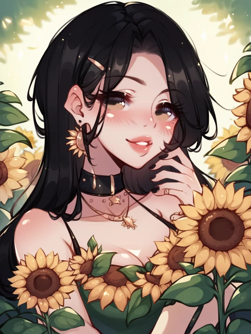 score_9, score_8_up, score_7_up, score_6_up, score_5_up,  <lora:sn0wc4ndymXLP:1> sn0wc4ndym, 1girl, black hair, sunflower,