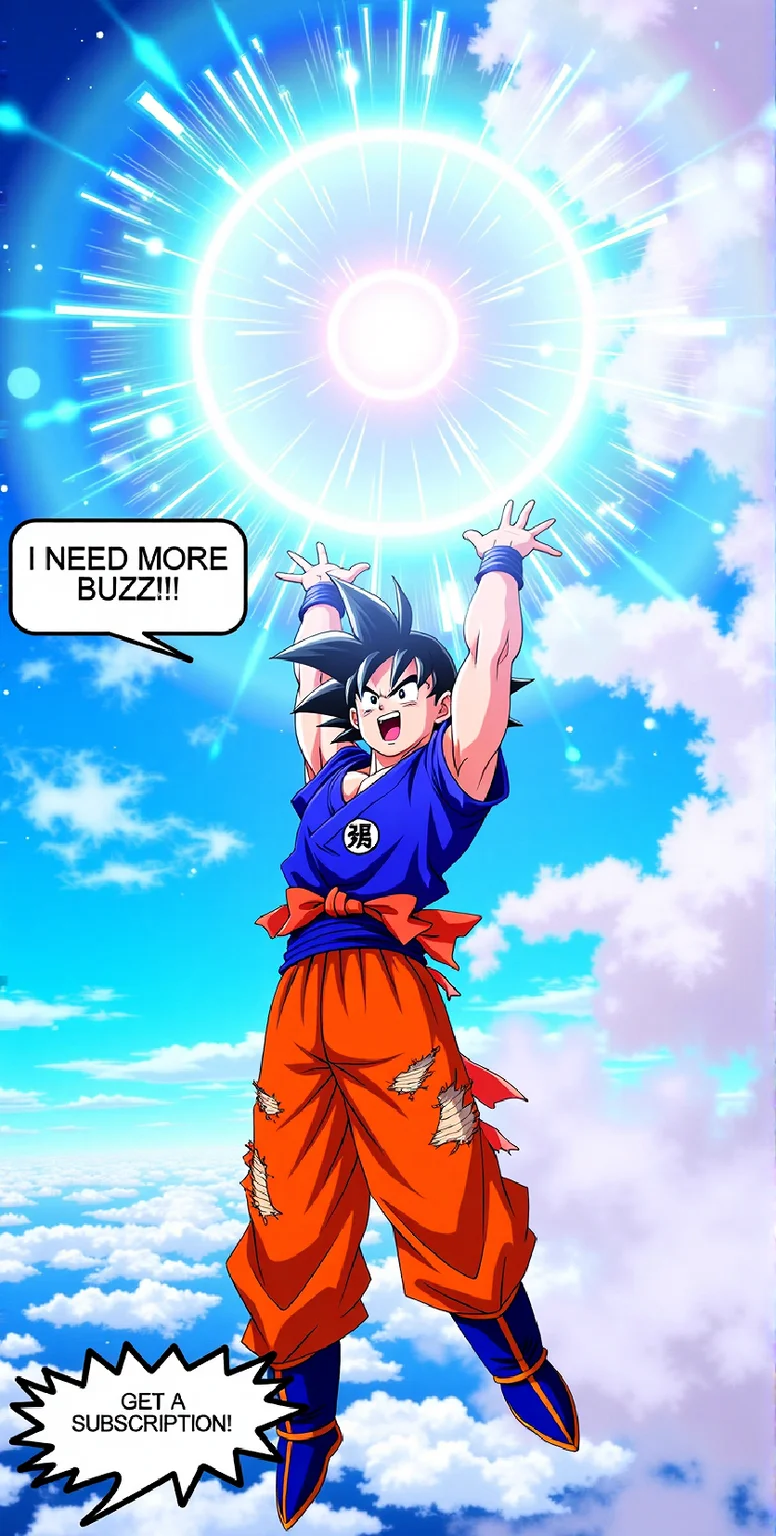 The image depicts a dynamic and colorful illustration inspired by the iconic character Goku from the renowned anime series Dragon Ball Z. Goku is portrayed soaring in mid-air, arms extended wide, with a fierce and determined expression. His trademark orange and blue outfit is shown tattered and torn, emphasizing his intense battle spirit.
In the center, Goku holds a radiant, glowing, white sphere—a powerful and magical Spirit Bomb pulsating with energy. The background features a vivid blue sky adorned with fluffy white clouds, enhancing the scene's epic atmosphere.
Above Goku, a speech bubble in bold anime-style font reads: “I need more buzz!!” Below him, another speech bubble, pointing downward, exclaims: “Get a subscription!”.
(vibrant illustration:1.4), (vibrant anime:1.5), (masterpiece:1.5), (uhd:1.5), (ultra detailed:1.5),(detailed drawing:1.5),(high quality:1.5), <lora:5 FLUX -\Anime style -\OWpn_art.safetensors:1.0>