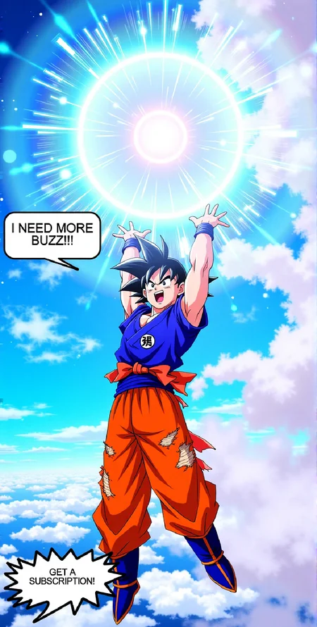 The image depicts a dynamic and colorful illustration inspired by the iconic character Goku from the renowned anime series Dragon Ball Z. Goku is portrayed soaring in mid-air, arms extended wide, with a fierce and determined expression. His trademark orange and blue outfit is shown tattered and torn, emphasizing his intense battle spirit.
In the center, Goku holds a radiant, glowing, white sphere—a powerful and magical Spirit Bomb pulsating with energy. The background features a vivid blue sky adorned with fluffy white clouds, enhancing the scene's epic atmosphere.
Above Goku, a speech bubble in bold anime-style font reads: “I need more buzz!!” Below him, another speech bubble, pointing downward, exclaims: “Get a subscription!”.
(vibrant illustration:1.4), (vibrant anime:1.5), (masterpiece:1.5), (uhd:1.5), (ultra detailed:1.5),(detailed drawing:1.5),(high quality:1.5), <lora:5 FLUX -\Anime style -\OWpn_art.safetensors:1.0>