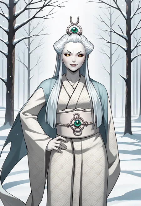 score_9, score_7_up, source_anime, 1girl, looking at viewer, smirk, parted lips, hand on own hip, <lora:zs_BaiSuzhenXL:1> baisuzhensmt, white hair, long hair, black sclera, white skin, colored skin, hair ornament, white kimono, medium breasts, sash, wide sleeves, snow, tree