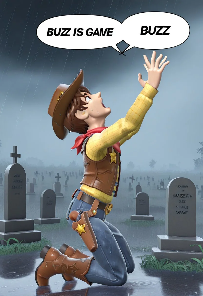 masterpiece,best quality,amazing quality,very aesthetic,absurdres,newest, beautiful color,
ToyWoody, solo, 1boy, brown eyes, brown hair, cowboy hat, yellow shirt, cowboy boots, red bandana, jeans, holster, sheriff badge, vest, wet skin, wet hair,
detailed hands, kneeling on ground next to grave, head looking up, eyes closed, screaming, hands reaching upwards, outdoors, graveyard, raining, 3d, side view,  dynamic pose,
 super smash bros style, fake screenshot, ingame, 3d model, smash bros stage, stage background, dynamic pose, speech bubble,english text, talking, "BUZZ IS GONE" in the speech bubble