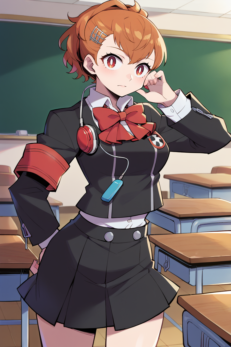 score_9, score_8_up, score_7_up, BREAK, <lora:sunafukitabito-guy-PONYv1:1>, 1girl, solo, breasts,  <lora:persona3_shiomi_ponyXL:0.98> shiomi kotone, hairclip, gekkoukan high school uniform, black jacket, red bow, armband, long sleeves, black skirt, headphones, media player, classroom, indoors,