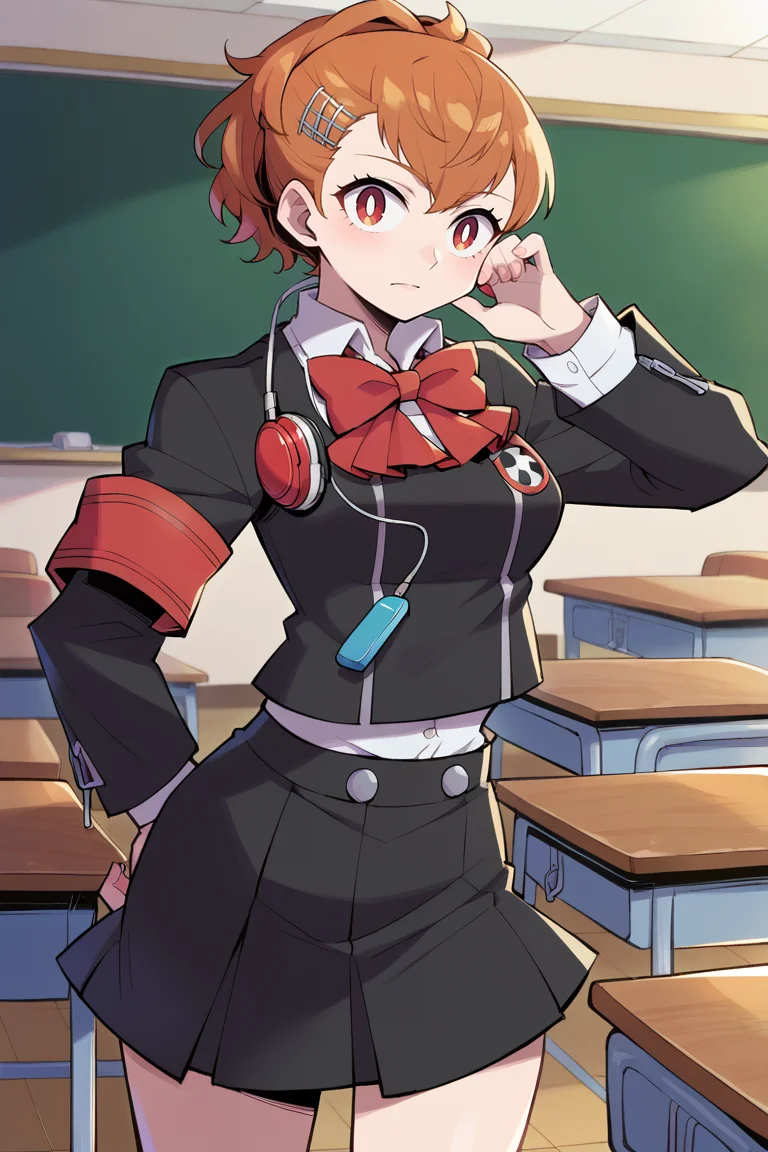 score_9, score_8_up, score_7_up, BREAK, <lora:sunafukitabito-guy-PONYv1:1>, 1girl, solo, breasts, <lora:persona3_shiomi_ponyXL:0.98> shiomi kotone, hairclip, gekkoukan high school uniform, black jacket, red bow, armband, long sleeves, black skirt, headphones, media player, classroom, indoors,