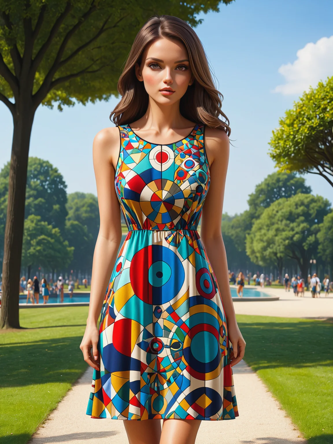 woman wearing a mad_colorful_mosaic summerdress, park<lora:Colorful_Mosaic_SDXL:0.6>, (masterpiece:1.2), best quality