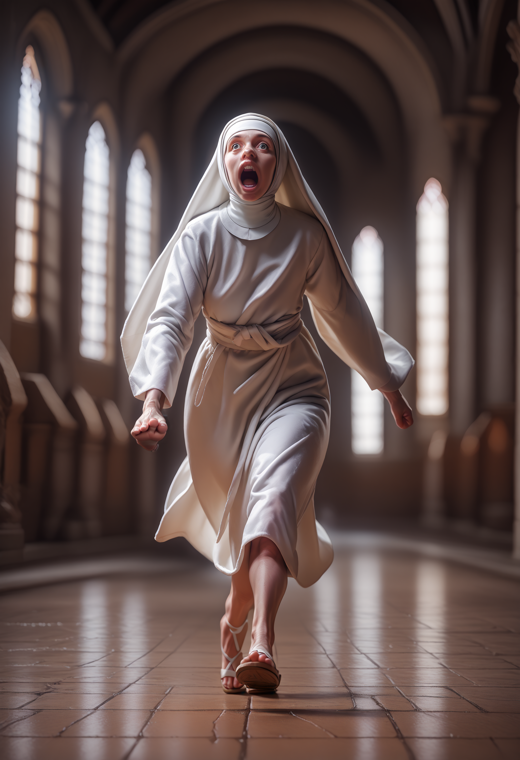 PonyXLV6_Scores BREAK EnD_Irreverant_Nuns, solo, open mouth, 1boy, male focus, indoors, blurry, sandals, walking, running, robe, realistic, nun, statue, church <lora:Irreverent_Nuns:1>