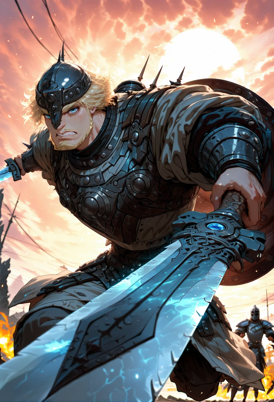 cinematic film still masterpiece, best quality, absurdres
 <lora:dobri:1>dobriba, 1boy, male focus, solo, facial hair, blue eyes, blonde hair, mustache, beard,  short hair, breastplate, dobriba, shield, weapon, 1boy, sword, male focus, solo, armor, facial hair, holding weapon, holding shield, holding sword, blue eyes, holding, helmet, beard, knight, clenched teeth, teeth, breastplate, outdoors <lora:ç»ªå¿ åæ¶æå¾åå½±è´¨æå¢å¼ºV3:1> XUER guangying, (artist:quasarcake:0.8),extreme aesthetic,(wlop:0.6),honjou honjou raita,lack,rella,wanke,raita,masterpiece,best quality,good quality,newest,year 2024,year 2023,very aesthetic,absurdres,Visual impact,A shot with tension, ultra-high resolution,32K UHD,sharp focus,best-quality,masterpiece,Emotionalization,unconventional supreme masterpiece,masterful details,temperate atmosphere,with a high-end texture,in the style of fashion photography,(Visual impact:1.2),giving the poster a dynamic and visually striking appearance,impactful picture, offcial art,colorful,movie perspective,masterpiece,best quality,amazing quality,very aesthetic,absurdres,best quality,newest,dynamic_angle,cinematic_angle,dutch angle,foreshortening,from_side,face_focus,eyes_focus,close-up . shallow depth of field, vignette, highly detailed, high budget Hollywood movie, bokeh, cinemascope, moody, epic, gorgeous, film grain, grainy