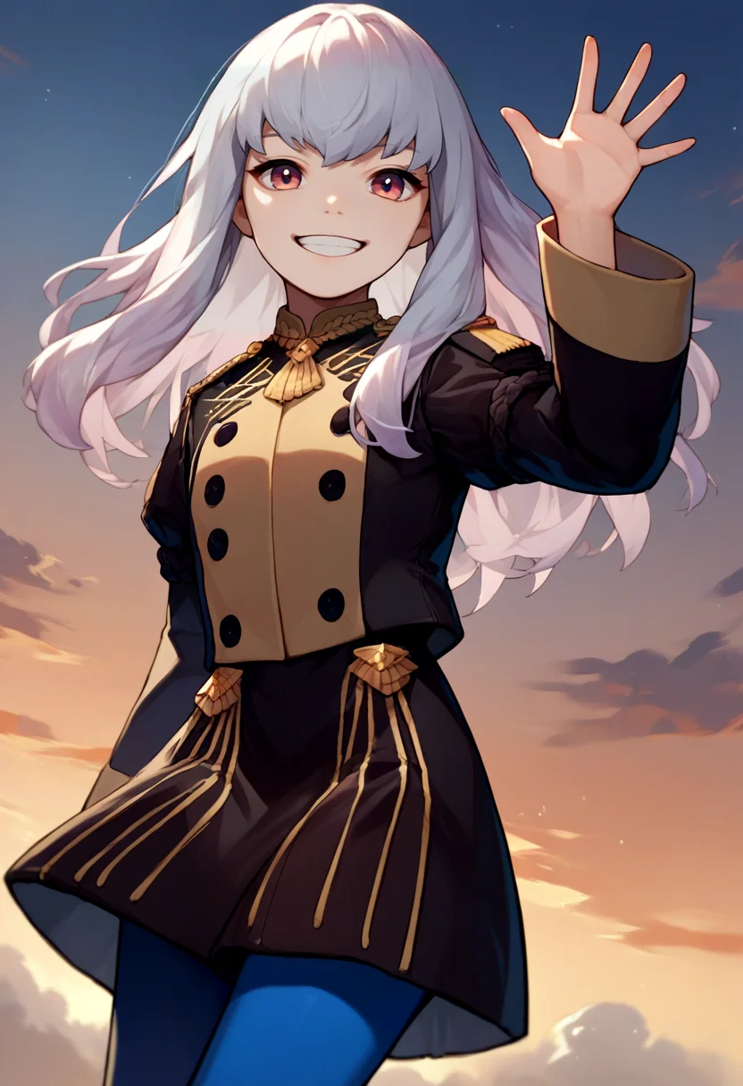 score_9, score_8_up, score_7_up, source_anime, solo, 1girl, lysitheauniform, smile, looking at viewer, waving, uniform, long sleeves, blue pantyhose <lora:fireemblem_ordelia_ponyXL:1>