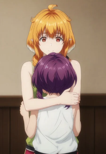 score_9, score_8_up, score_7_up, source anime, prefect lighting, very aesthetic, BREAK, anime screencap.
BREAK
1st girl= Roxanne, blonde hair, brown eyes, orange hair, shiny hair, dog girl, floppy ears, soft smile.
BREAK
2nd girl= Sherry, short hair, red eyes, twintails, purple hair, small breasts, pointy ears, soft smile.
BREAK
2girls hug and kiss each other tightly.
BREAK
2girls hug and kiss each other tightly.