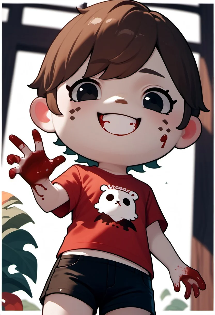 zPDXL3, score_9, score_8_up, score_7_up, score_6_up, score_5_up, score_4_up,
1boy, solo, straight short brown hair, black eyes, black shorts, flat chest, red t-shirt, a big “1” is written on the front of the t-shirt in light blue and white border, smiling, evil glint in one eye, acvillager, (chibi:1.2) (blood on face), (bloody hands:1.2), (blood on clothes) cowboy shot, low angle, dutch angle,