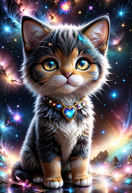 ((videogame_style))), (sharp focus:1.2), lineart, flat color, monochrome, greyscale, depth of field, bokeh, 8k, OLED, 1 baby cat, being playful, wearing ribbon choker in different colours, different fur, super cute,, The cat raises its paws towards the viewer, in the galaxy, space cat flying in the stars,lluminated by the ethereal glow of cosmic lightning, the light is reflecting shadows on the cute animal, for the viewer, it appears alive, as if a glimpse of its inner sparkle is possible, star sky, peacful and grateful atmosphere, painted hearts, magical atmosphere, close up, (((cuteness overload))), <lora:detailed_notrigger:0.9>, zhibi <lora:zhibi:0.8>, <lora:tweak-detail-xl:0.7> <lora:Jed-Cosmos-sdxl:0.7> Jed-Cosmos